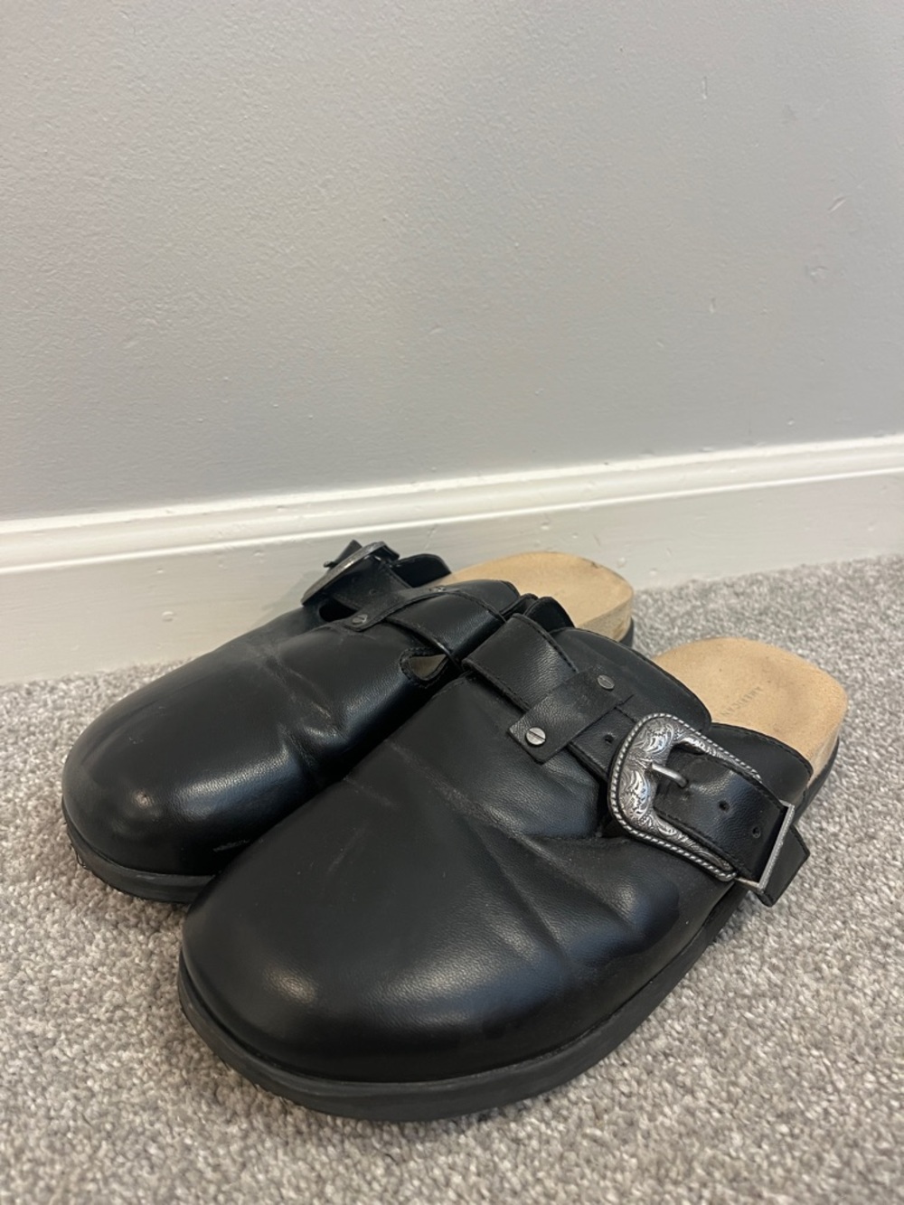 Black Leather Clog with Decorative Buckle